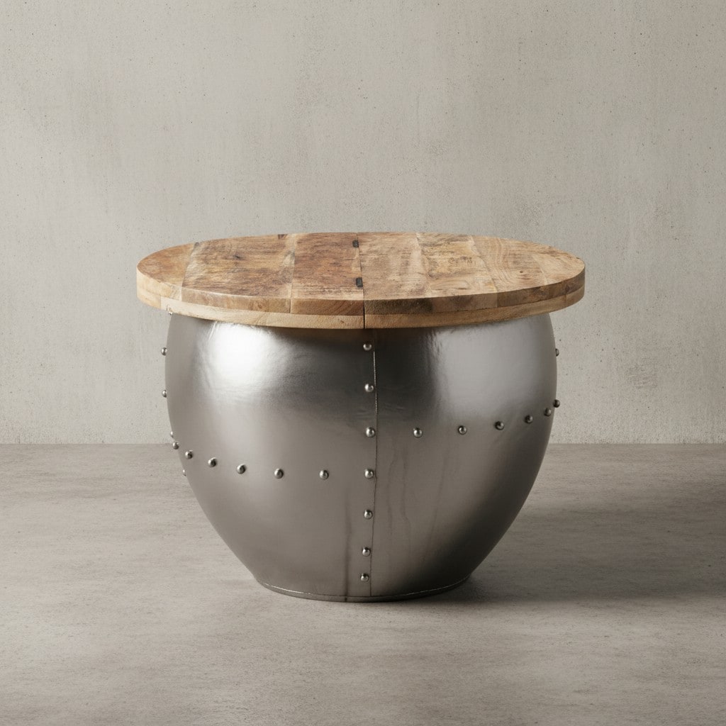 KADIMA DESIGN Couchtisch SERCHIO, rund, Industrial-Stil, Massivholz/Metall, Stauraum