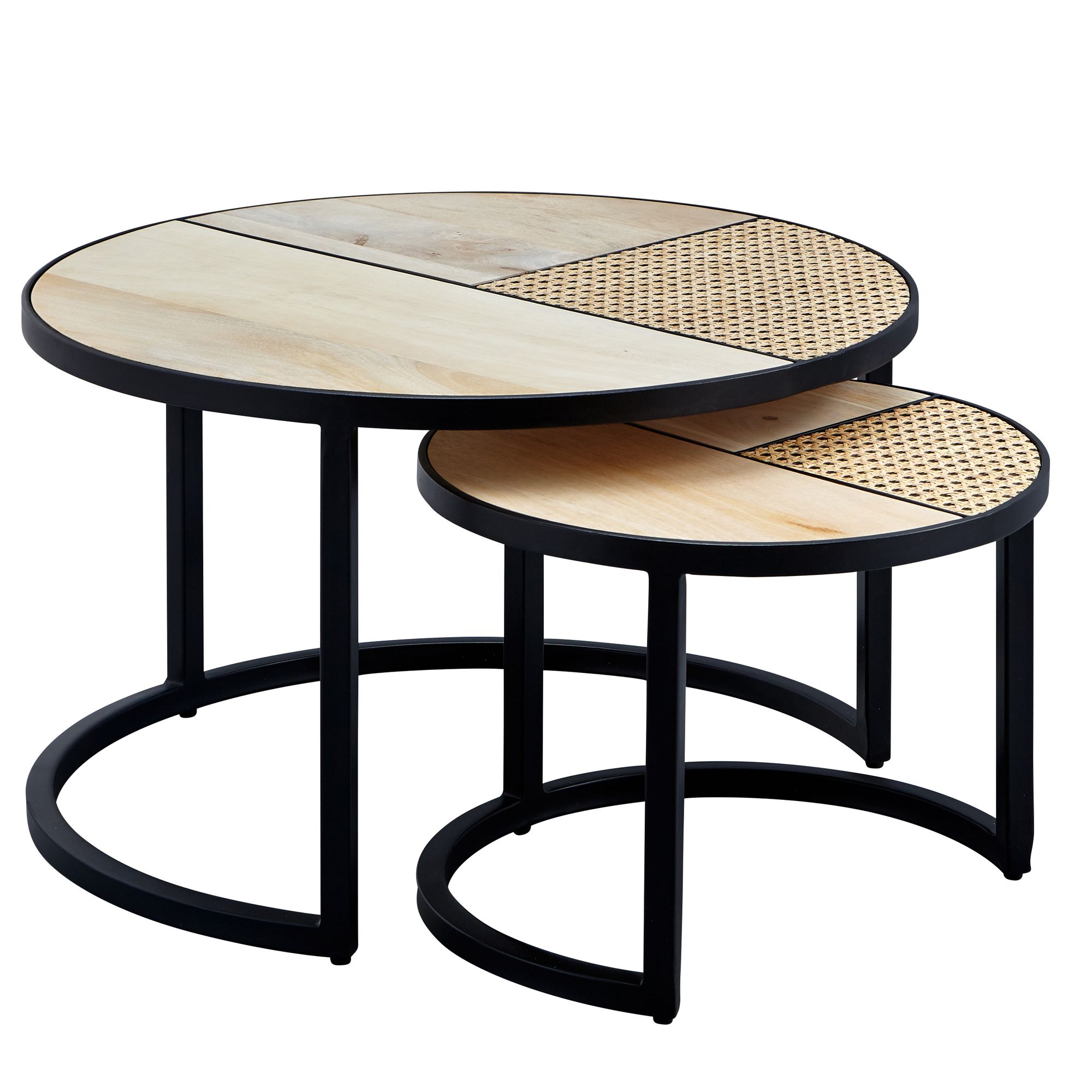 KADIMA DESIGN Industrie-Stil Beistelltisch Set, Rattan und Holz, Handgefertigt 