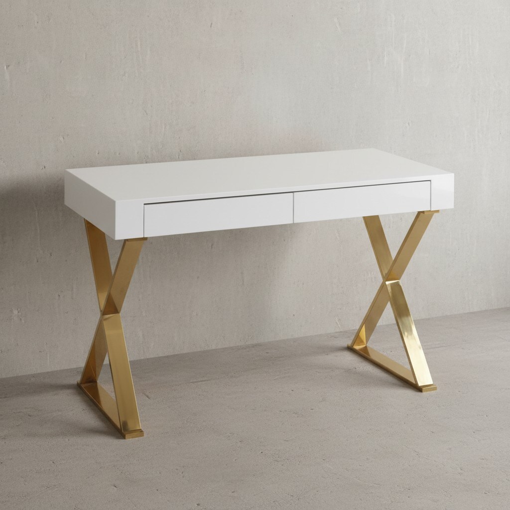 KADIMA DESIGN Hochglanz-Weißer Schreibtisch, Goldene Beine, Modern, 2 Schubladen