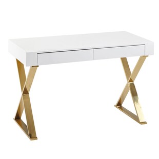 KADIMA DESIGN Hochglanz-Weißer Schreibtisch, Goldene Beine, Modern, 2 Schubladen 