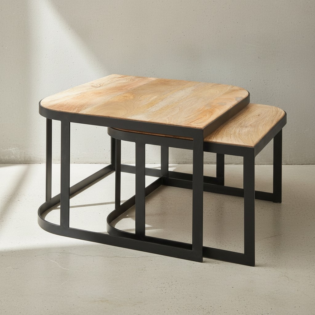 KADIMA DESIGN Massivholz Beistelltische TIMAVO: Industrielles Set, 60x40x60 cm & 50x35x50 cm, Mango-Massivholz, Eisen, abgerundete Ecken.