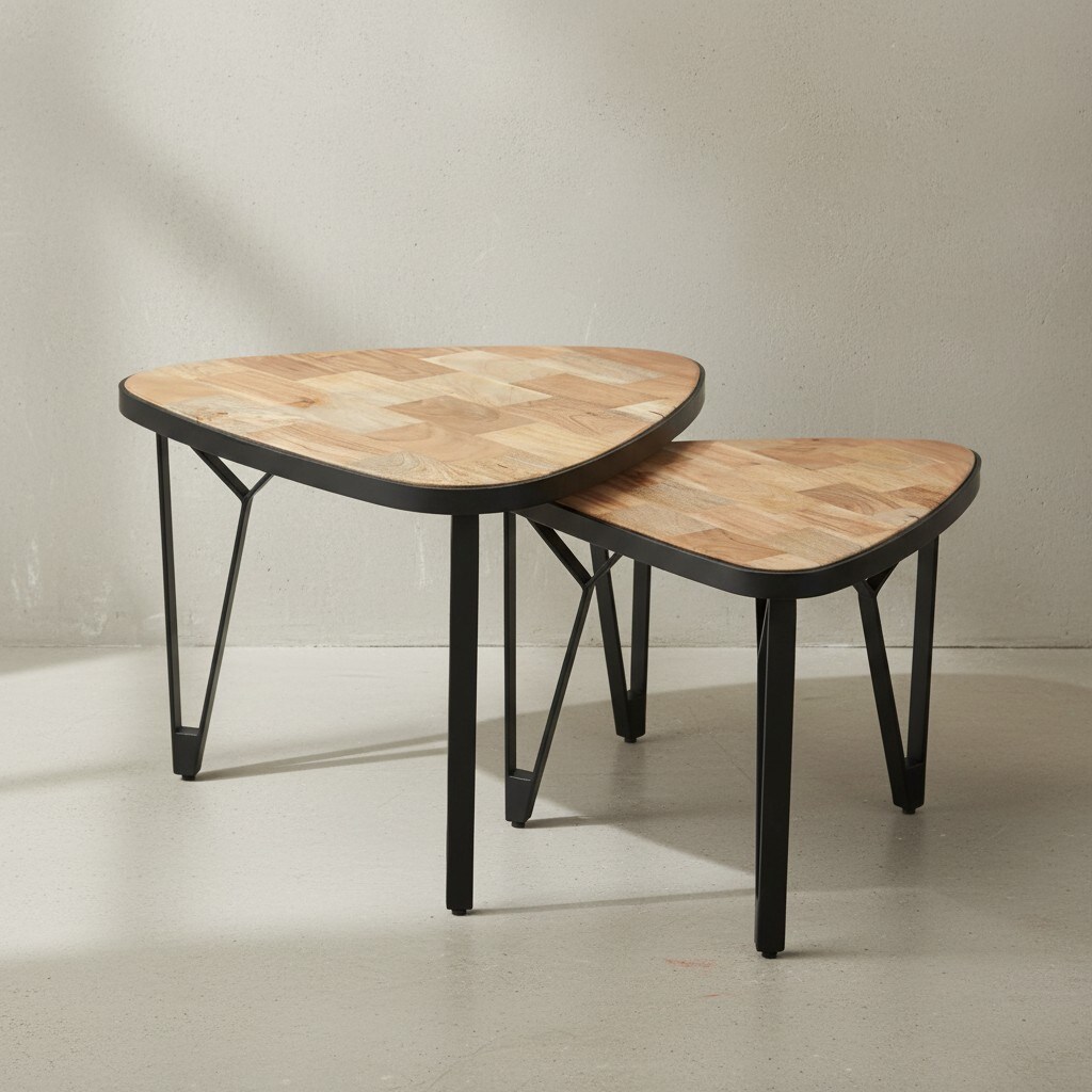 KADIMA DESIGN Massivholz-Metall Couchtisch Set, Industrie-Design, Platzsparend