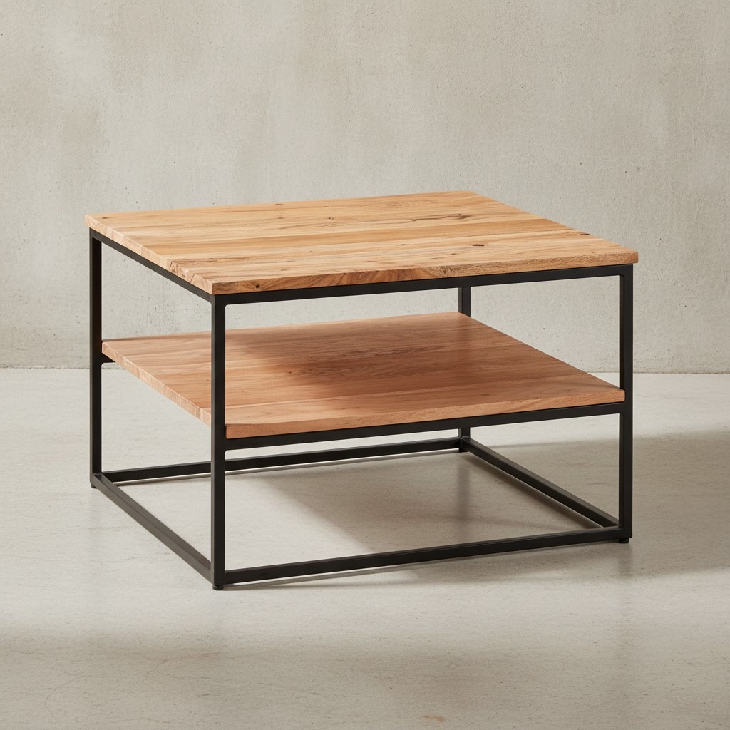 KADIMA DESIGN Industrial Couchtisch aus Akazienholz und Metallbeinen, Platzsparendes Design, Handgefertigt, Zwei Ablageflächen