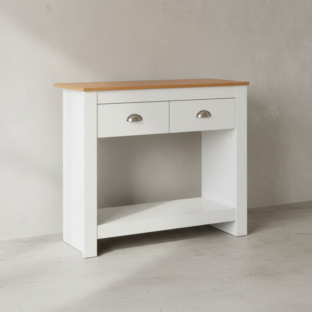 KADIMA DESIGN Konsolentisch Eiche-Weiß, 2 Schubladen, Offenes Fach, Melaminharzbeschichtung