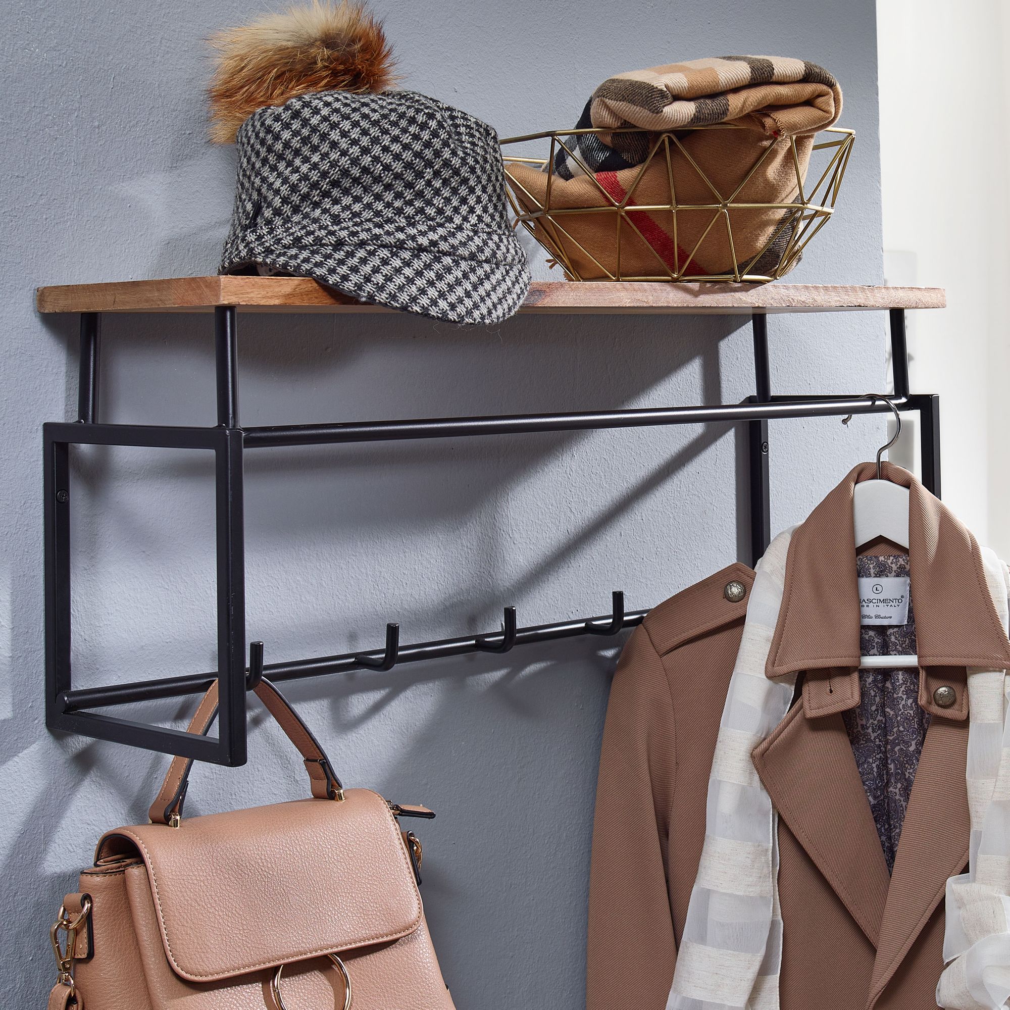 KADIMA DESIGN Wandgarderobe aus Mango Massivholz und Metall, Stilvolle L&ouml;sung f&uuml;r den Eingangsbereich 