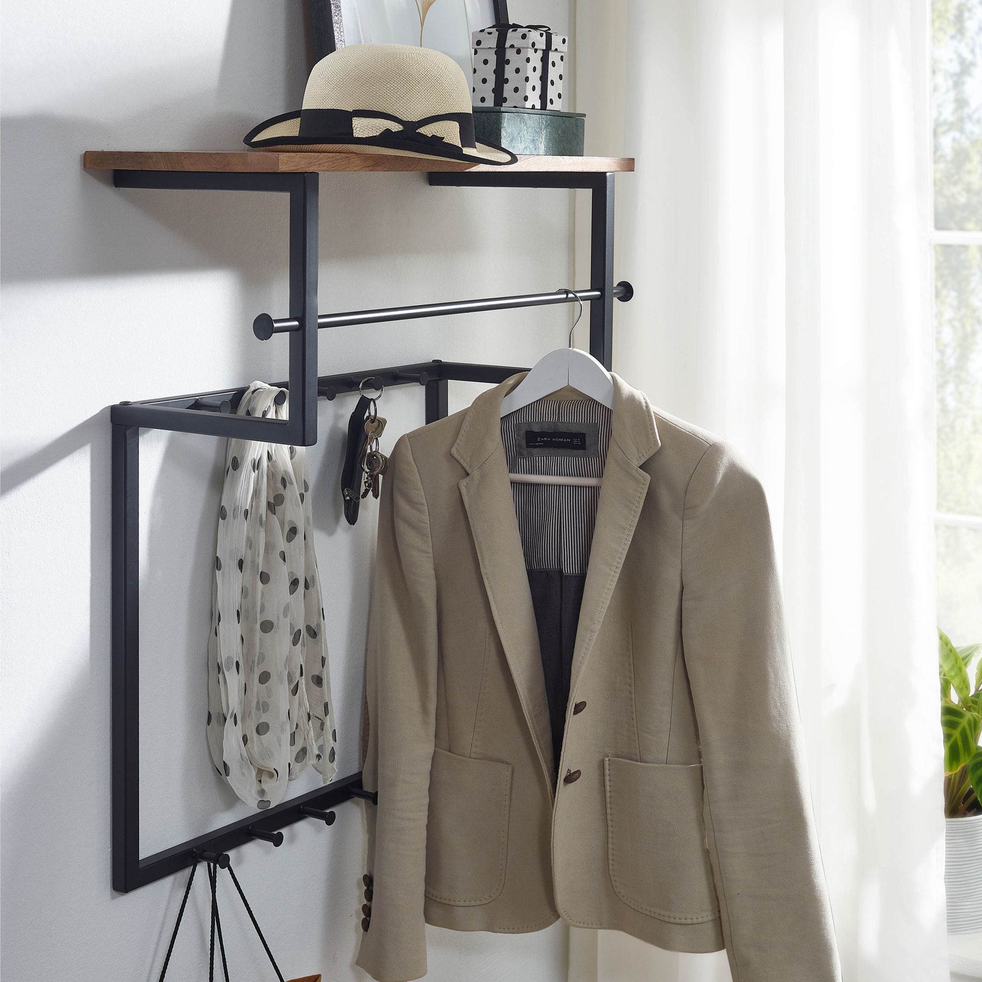 KADIMA DESIGN Wandgarderobe aus Massivholz und Metall, 10 Haken, Kleiderstange, Ablage 