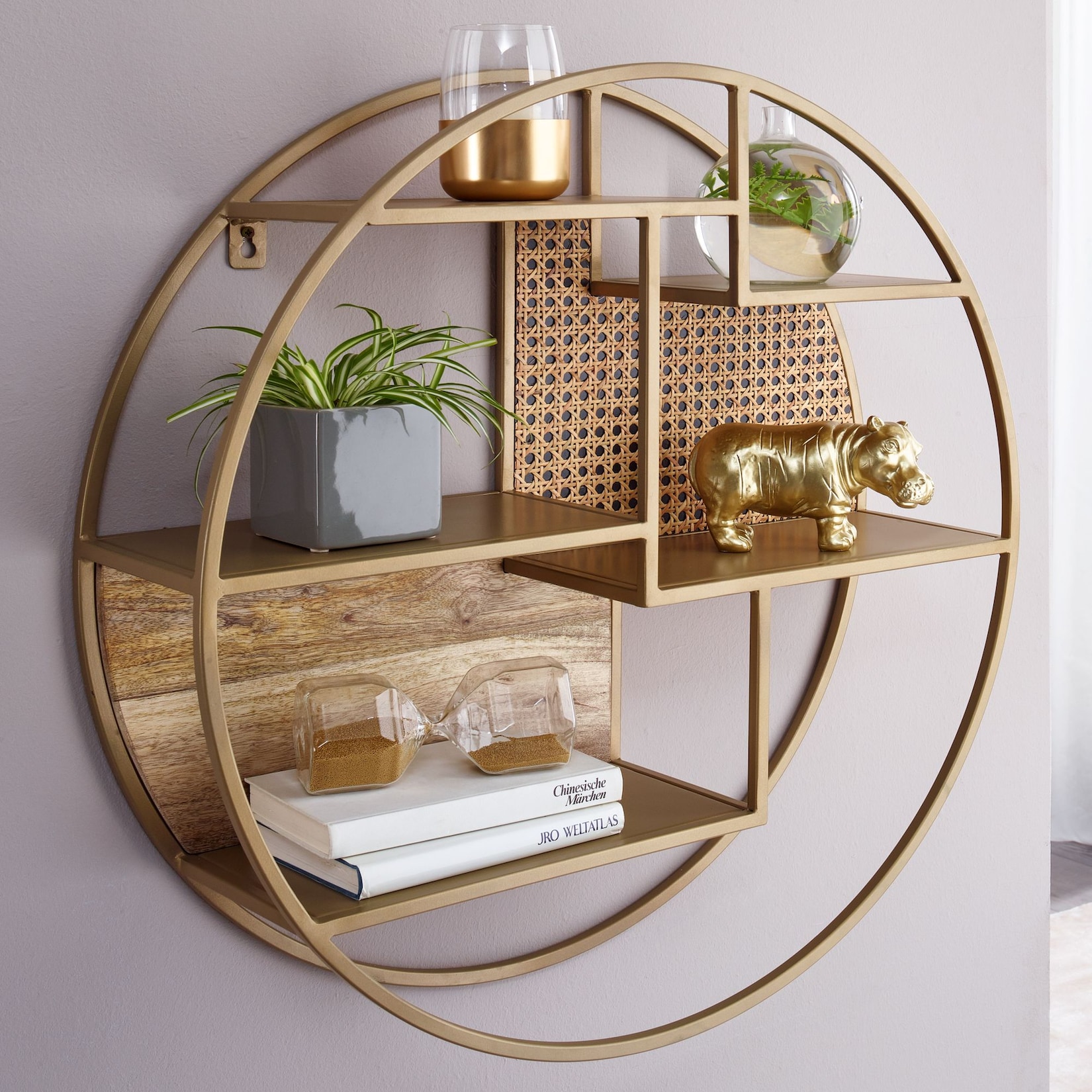 KADIMA DESIGN Wandregal, Industrial-Stil, Rattan/Metall/Massivholz, 5 Ablageflächen, Handgefertigt