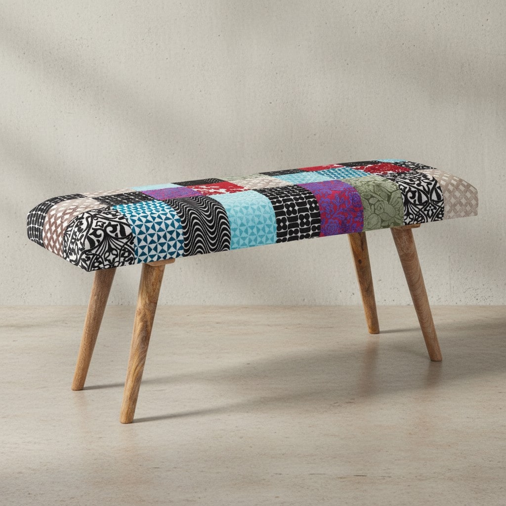 KADIMA DESIGN Sitzbank Samt/Massivholz, Patchwork-Design, 160 kg Belastbarkeit, Mangoholz Beine