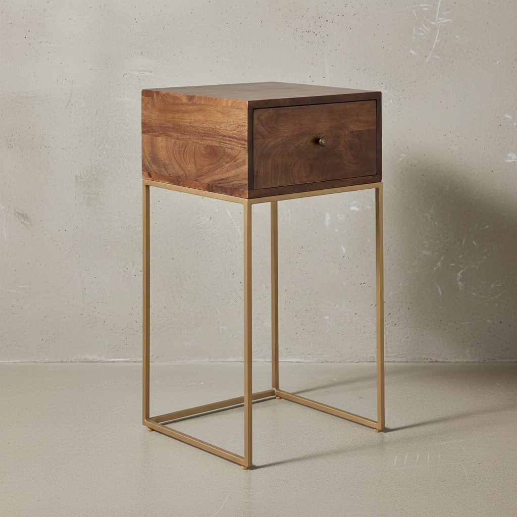 KADIMA DESIGN Nachttisch Mango Massivholz/Metall, Industrial-Stil, Boxspringbett-kompatibel, Ger&auml;umige Schublade 