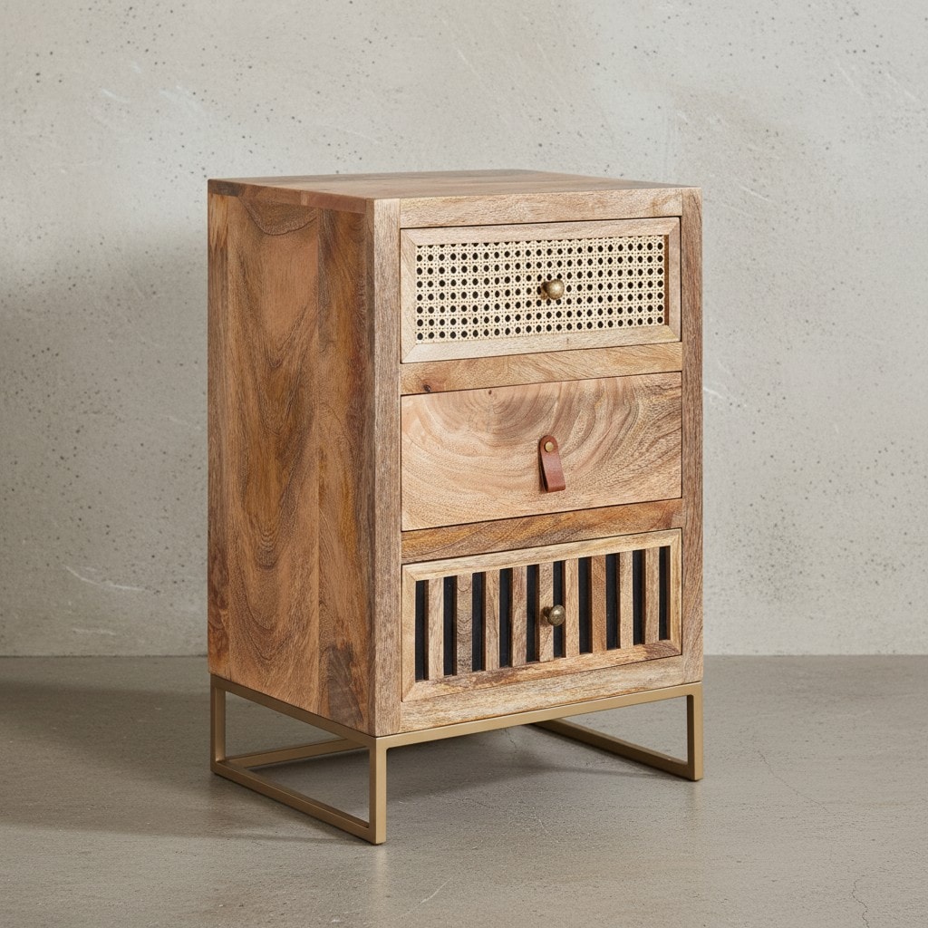 KADIMA DESIGN Industrial Nachttisch, Mango Massivholz/Rattan, 3 Schubladen, Boxspringbett-kompatibel