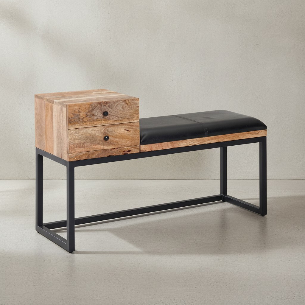 KADIMA DESIGN Retro-Sitzbank TEXAS mit Schubladen, Moderner Retro-Stil aus Ziegenleder und Metall 