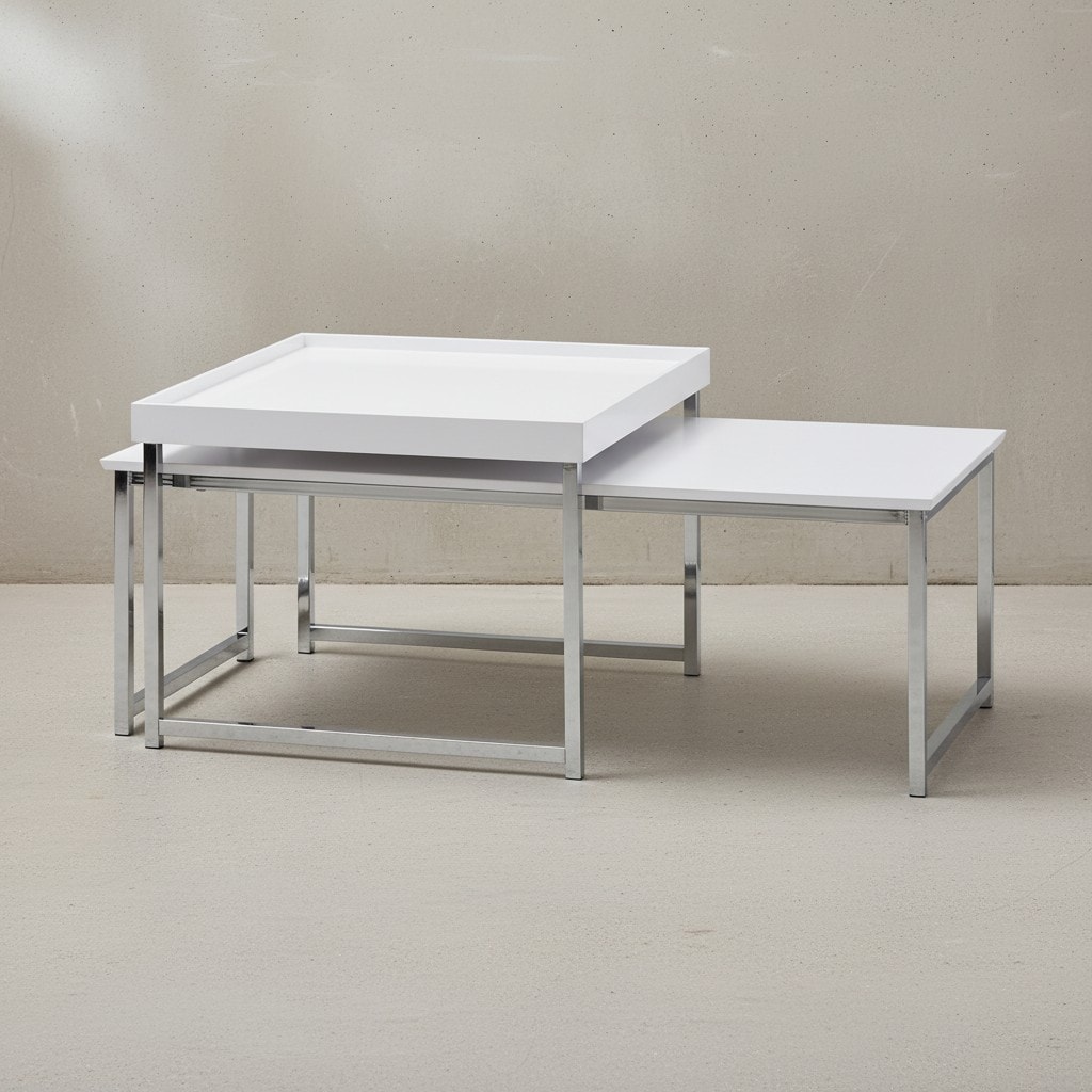 KADIMA DESIGN Couchtische 2er Set SILVANUS: Holz und Metall, Eiche/Wei&szlig;, ineinanderschiebbar, Eichenfurnier/lackiertes MDF. 