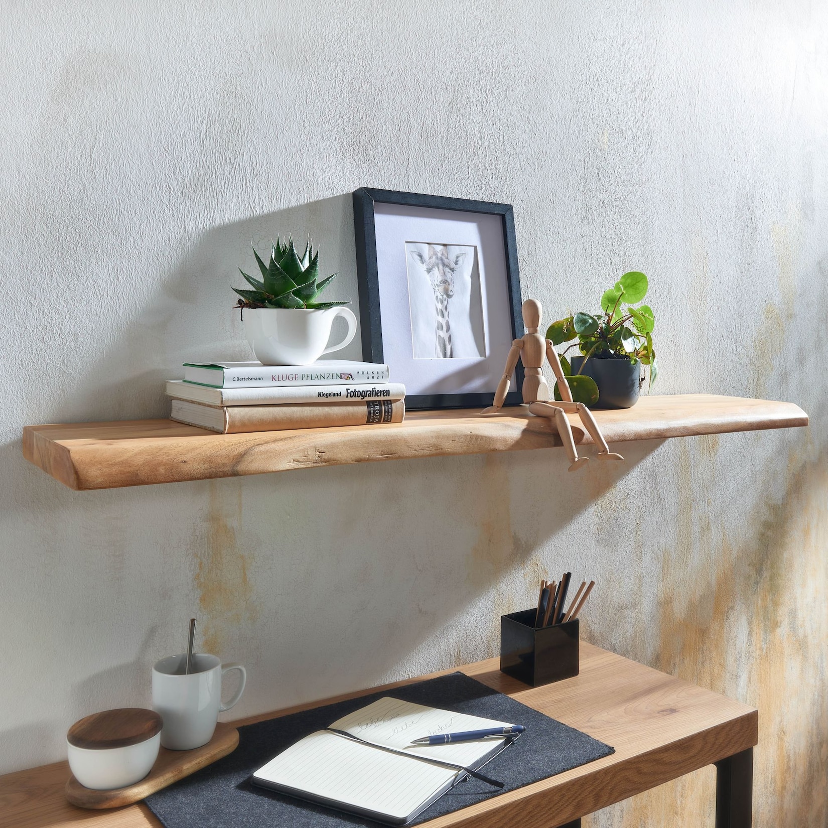 KADIMA DESIGN Rustikales Wandregal aus indischer Akazie, Einzigartiges schwebendes Design für Wohnzimmer