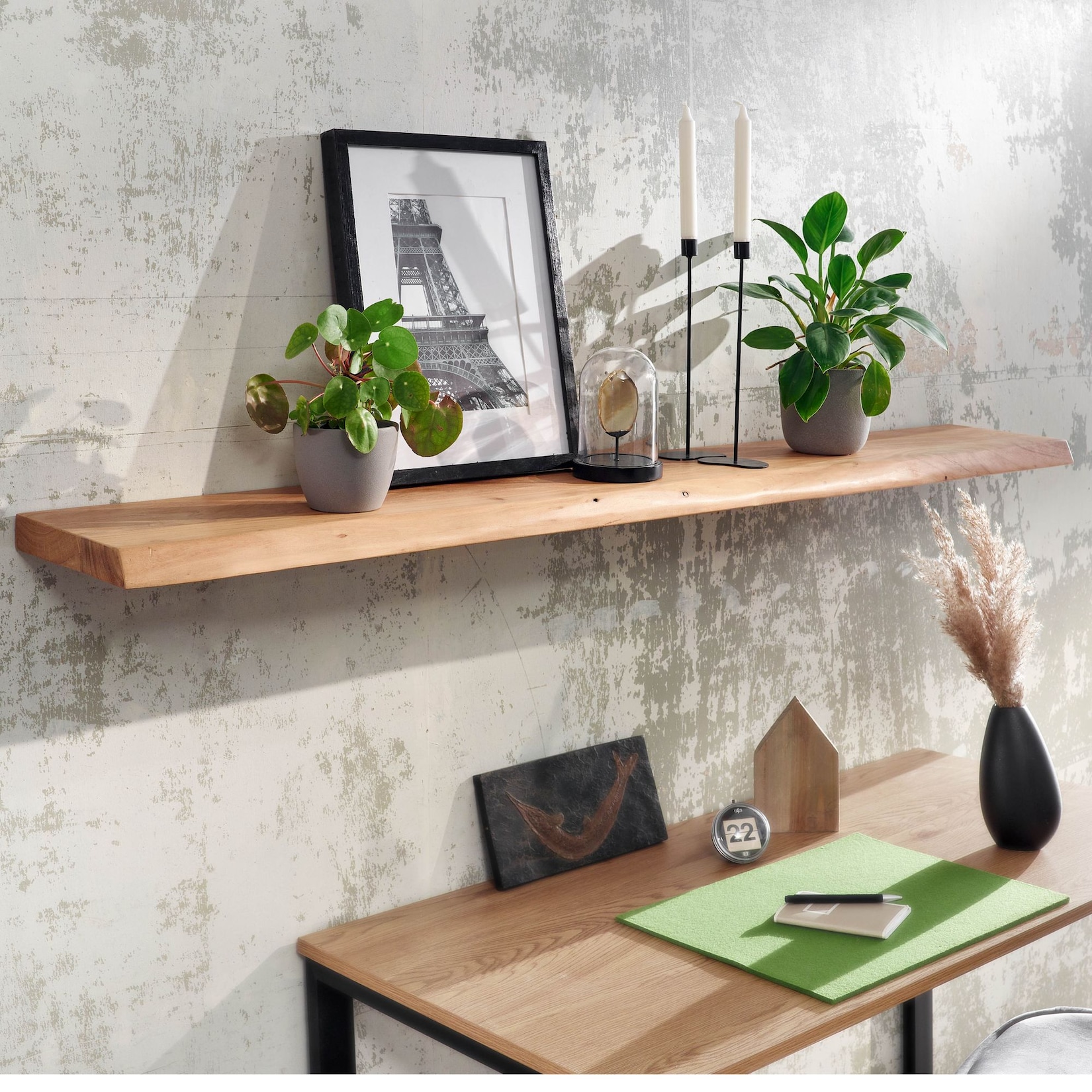 KADIMA DESIGN Rustikales Akazienholz Schweberegal mit Baumkante, 160cm, Landhausstil, Wandmontage