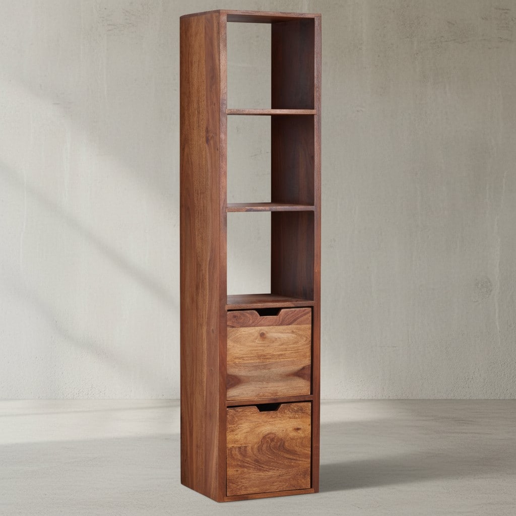 KADIMA DESIGN "Zephyr" Wandregal, Sheesham Massivholz, Flexibler Aufbau, 5 Ablagef&auml;cher, 2 Schubladen 