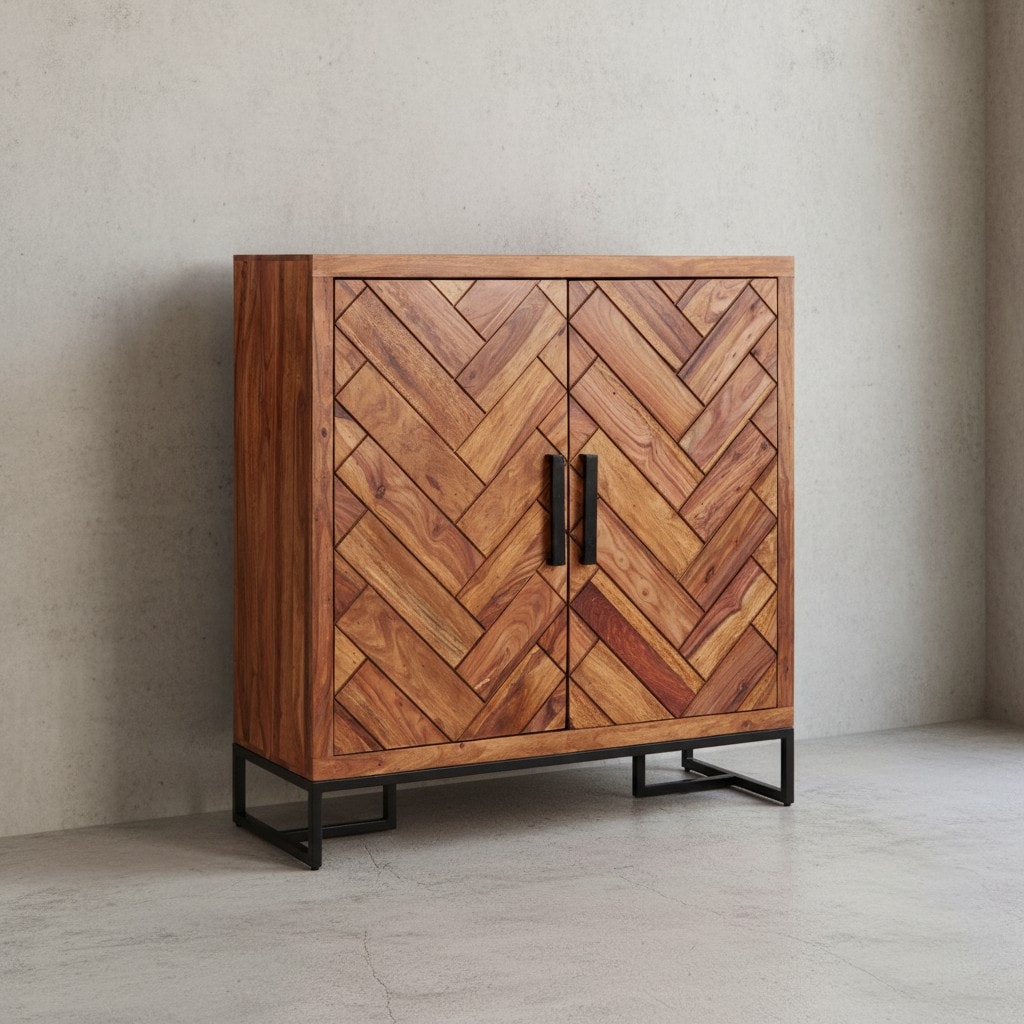 KADIMA DESIGN Schuhschrank Sheesham, 100x105x40 cm, Fischgr&auml;tmuster, gro&szlig;e Ablage 