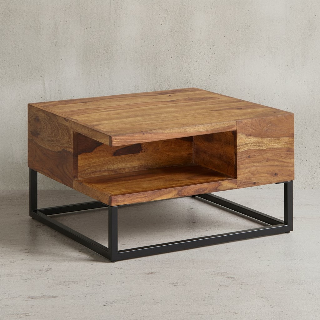 KADIMA DESIGN Sofatisch, Sheeshamholz, Staufach, 60x60x34,5 cm, Industrial-Design 