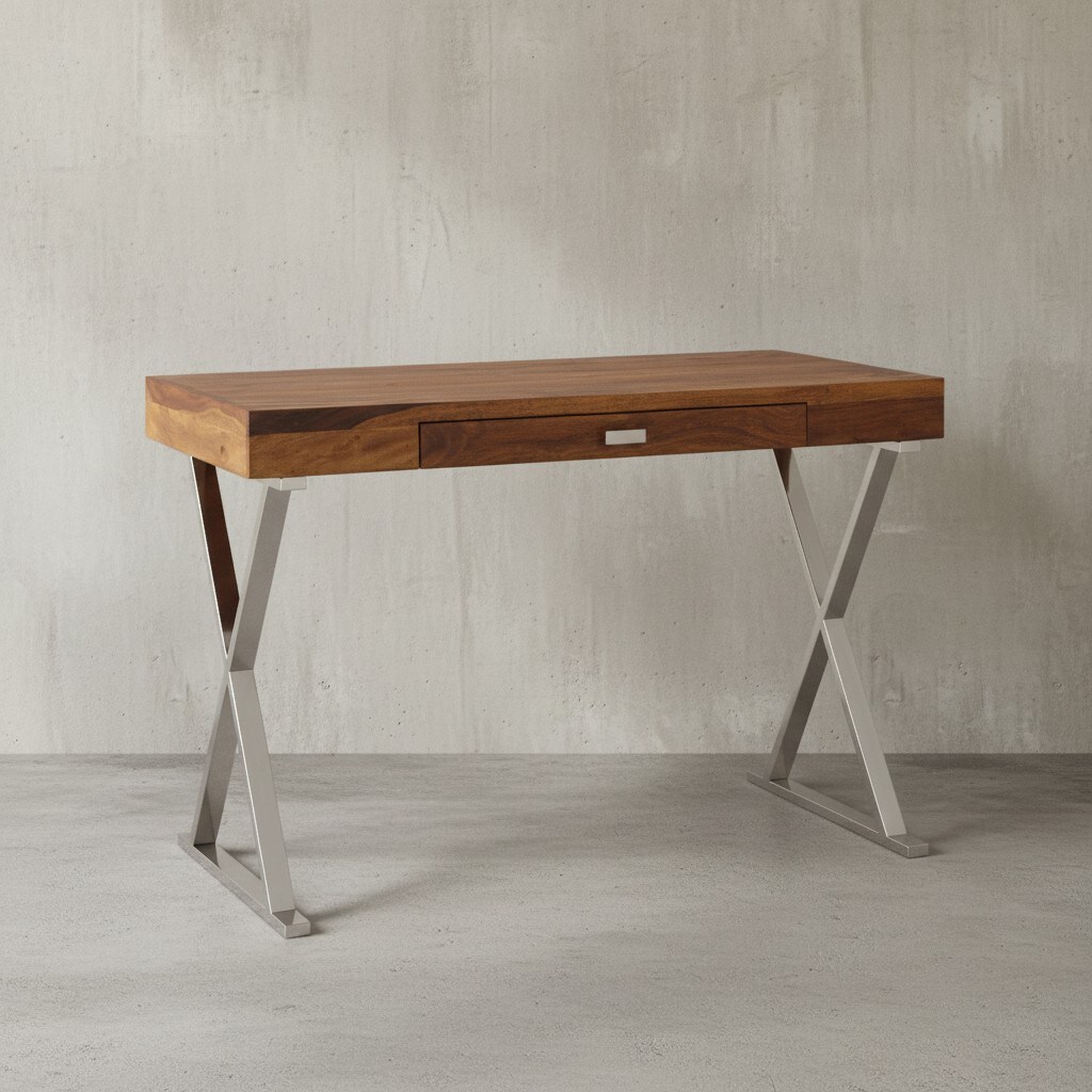 KADIMA DESIGN Massiver Sheesham-Schreibtisch mit X-f&ouml;rmigem Metallgestell, 120x55x78 cm 