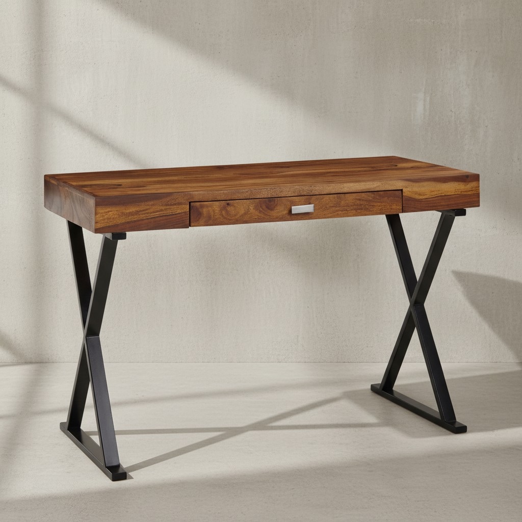 KADIMA DESIGN Massivholz Schreibtisch Sheesham, X-förmiges Metallgestell, Schublade, 120x55x78 cm