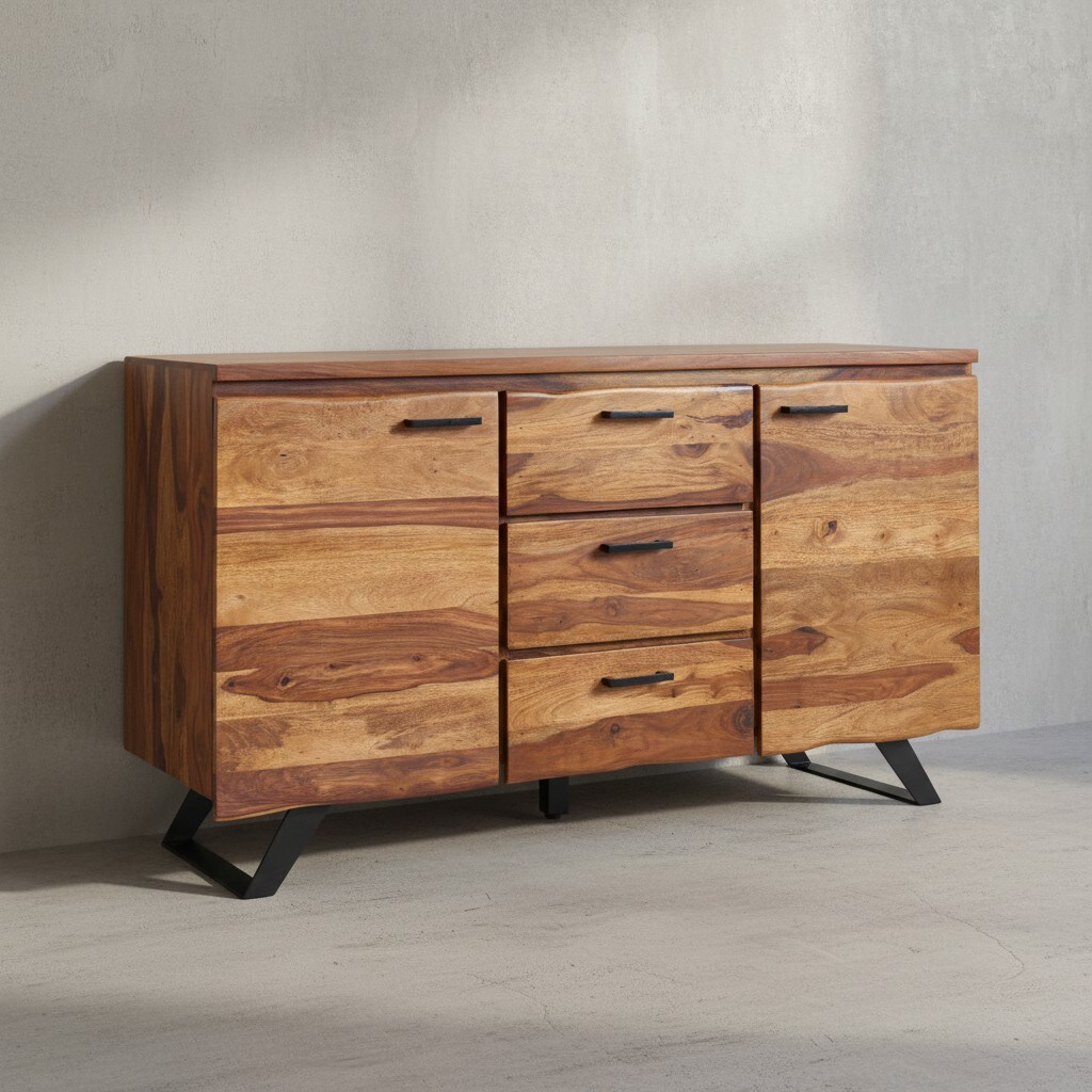KADIMA DESIGN Stilvolles Sheesham Sideboard mit Baumkanten-Design, 145x82x45 cm, Metallgestell 