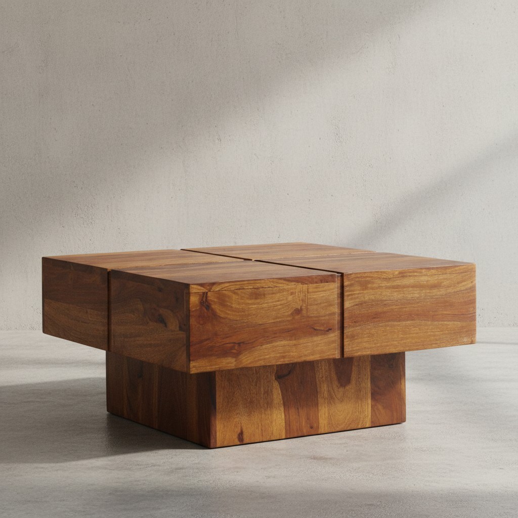 KADIMA DESIGN Couchtisch Sheesham Massivholz Quadrat, Modernes Rillenmuster, 57,5x57,5x30 cm