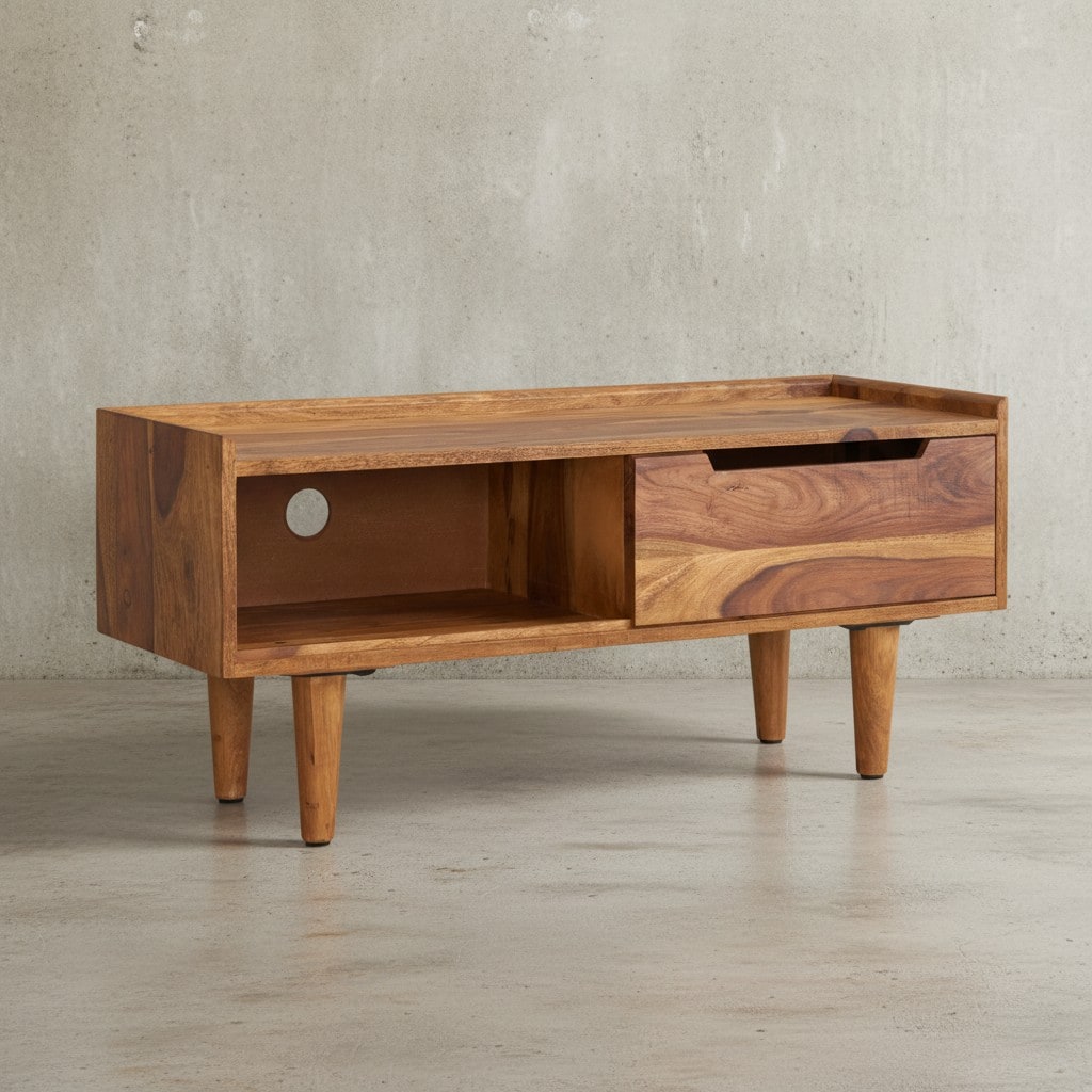 KADIMA DESIGN TV-Schrank Sheeshamholz, bis 50-Zoll, Schiebet&uuml;r, 2 F&auml;cher, Handarbeit 