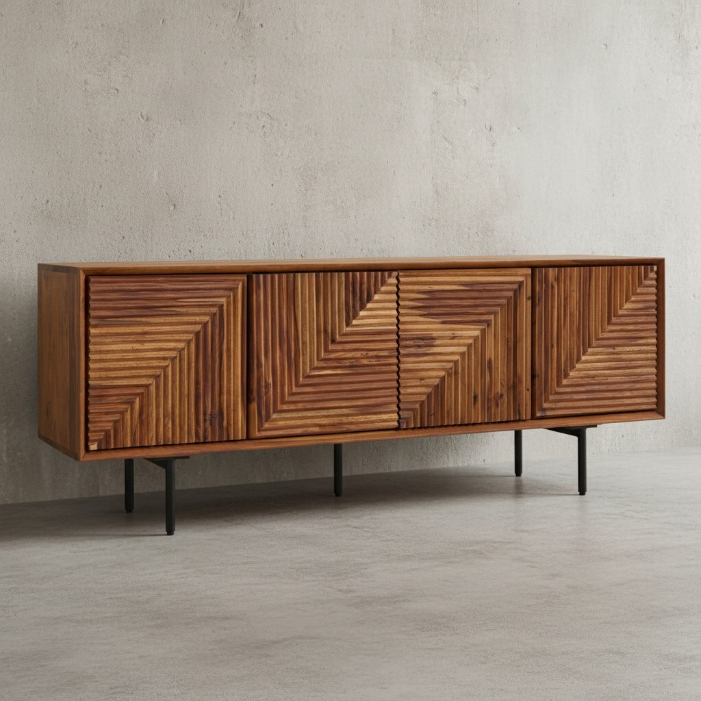 KADIMA DESIGN Lowboard "Spectrum", Sheesham Massivholz, 3D-Oberfl&auml;che, Stauraum, Edelstahl-Gestell 