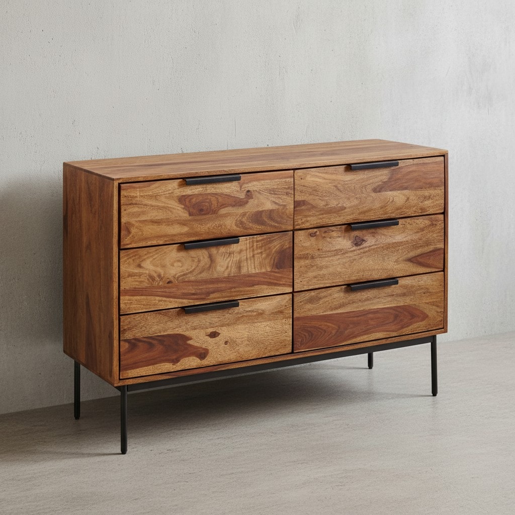 KADIMA DESIGN Kommode Sheesham und Metall, 117x80x42 cm, 6 Schubladen, Industriedesign 