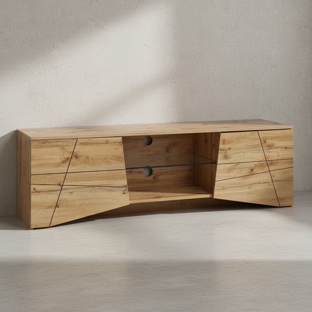 KADIMA DESIGN TV-Lowboard Holz Eiche-Dekor, Platz f&uuml;r 70-Zoll TV, Eichenoptik und Glas 