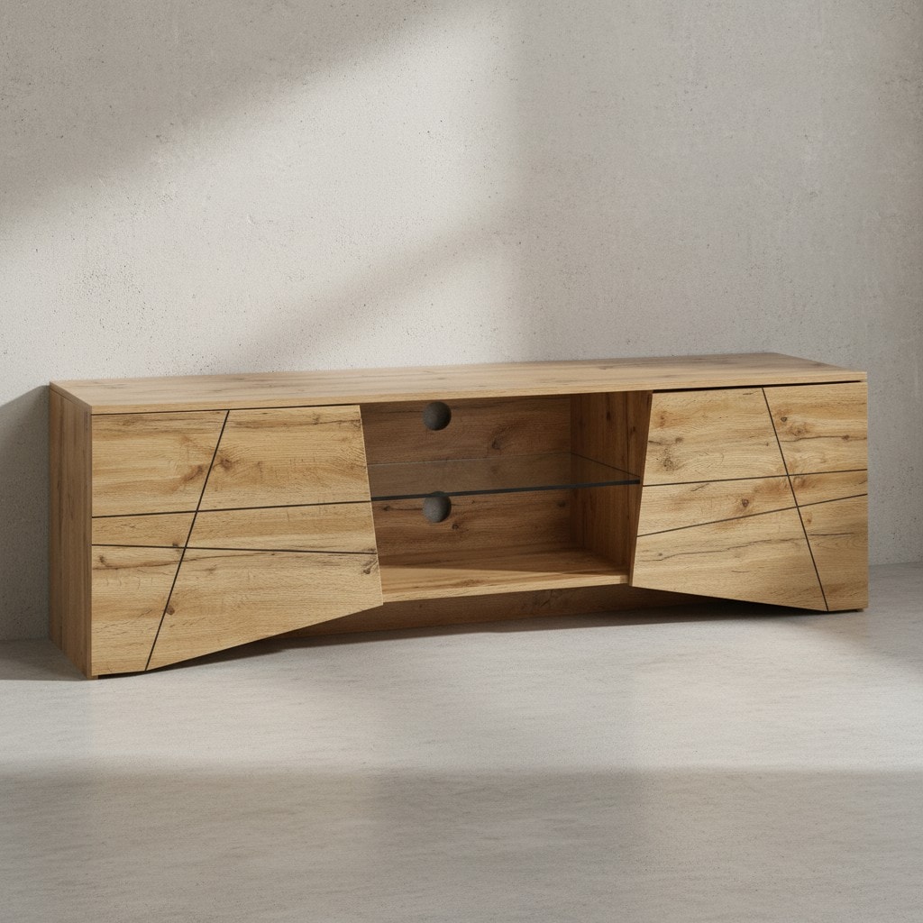 KADIMA DESIGN TV-Lowboard Holz Eiche-Dekor, Platz für 70-Zoll TV, Eichenoptik und Glas