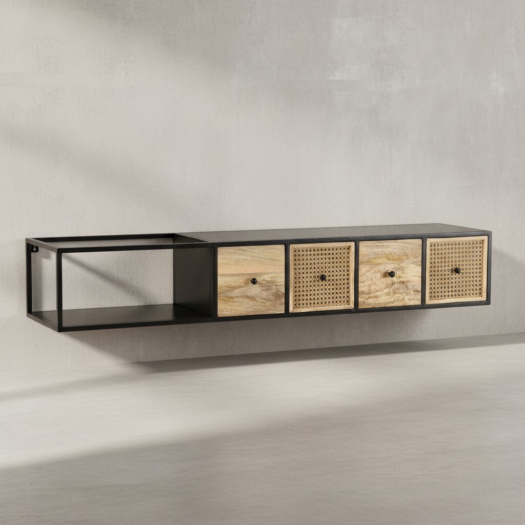 KADIMA DESIGN Lowboard Hängend Mango Massivholz/Metall, TV-Schrank, Schubladen & Rattan-Fronten
