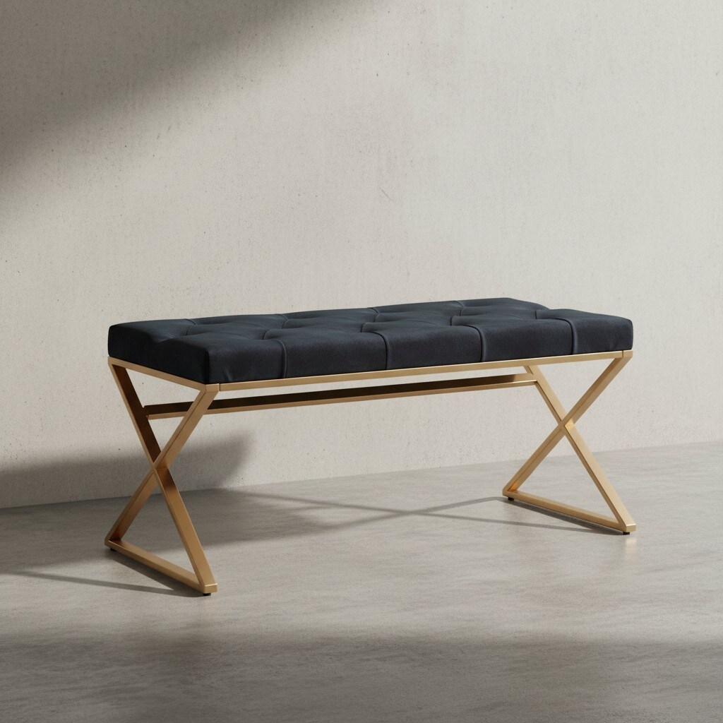KADIMA DESIGN Samt Sitzbank im Chesterfield-Stil, Schwarz, robustes goldfarbenes Metallgestell, üppige Sitzfläche