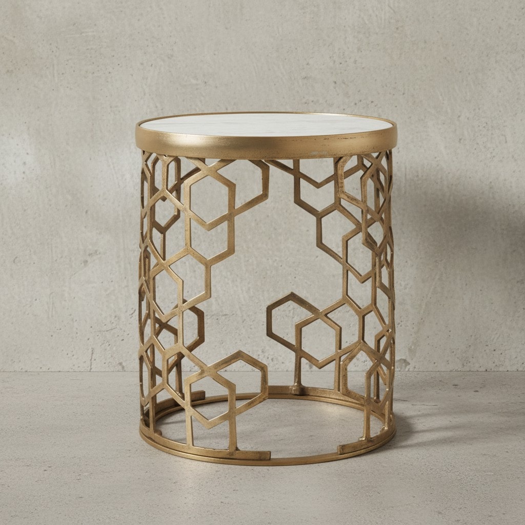 KADIMA DESIGN Beistelltisch "Alba", Marmorstruktur, goldfarbenes Metallgestell, 44 cm Durchmesser