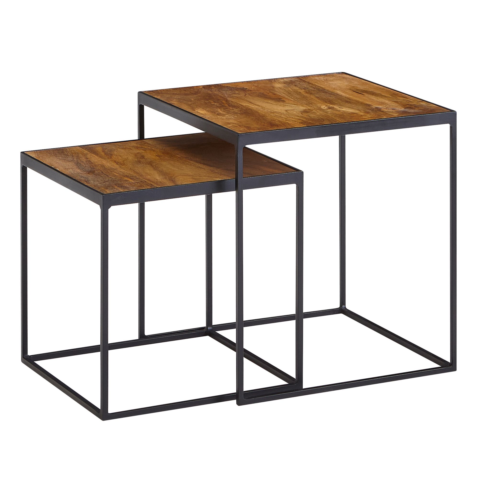 KADIMA DESIGN Mango Industrial: Beistelltische 2er Set, Massivholz, Metall, Unikate 