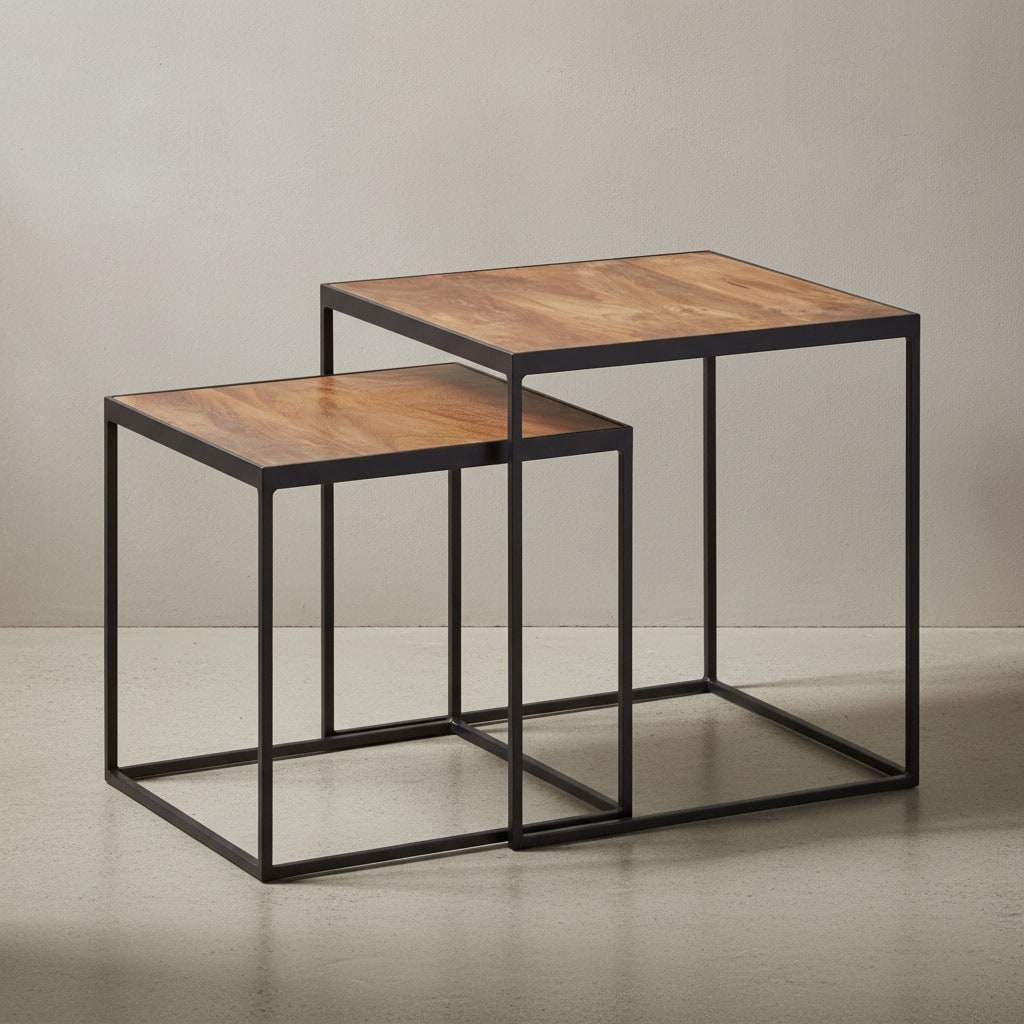 KADIMA DESIGN Mango Industrial: Beistelltische 2er Set, Massivholz, Metall, Unikate