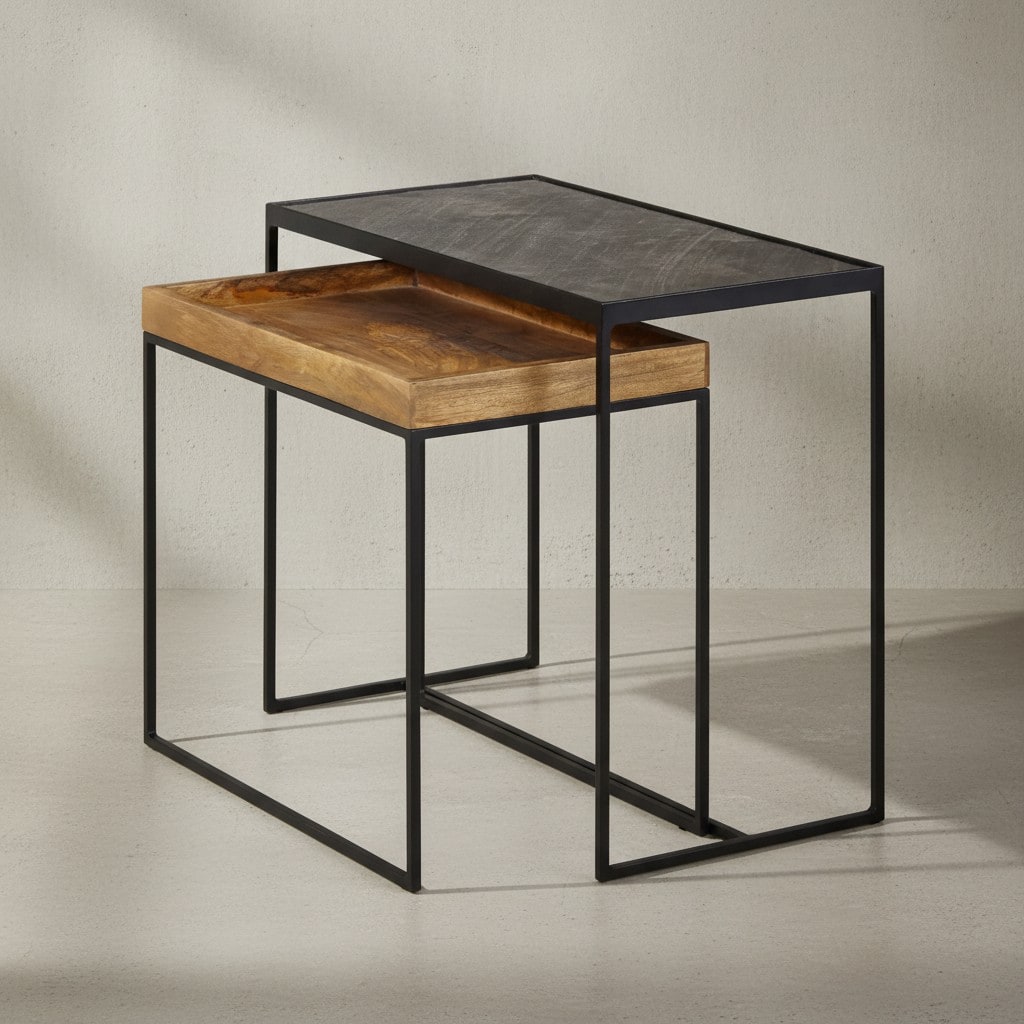 KADIMA DESIGN Industrielle Beistelltisch Set, Mango Massivholz, Eisen, Anthrazit/Braun