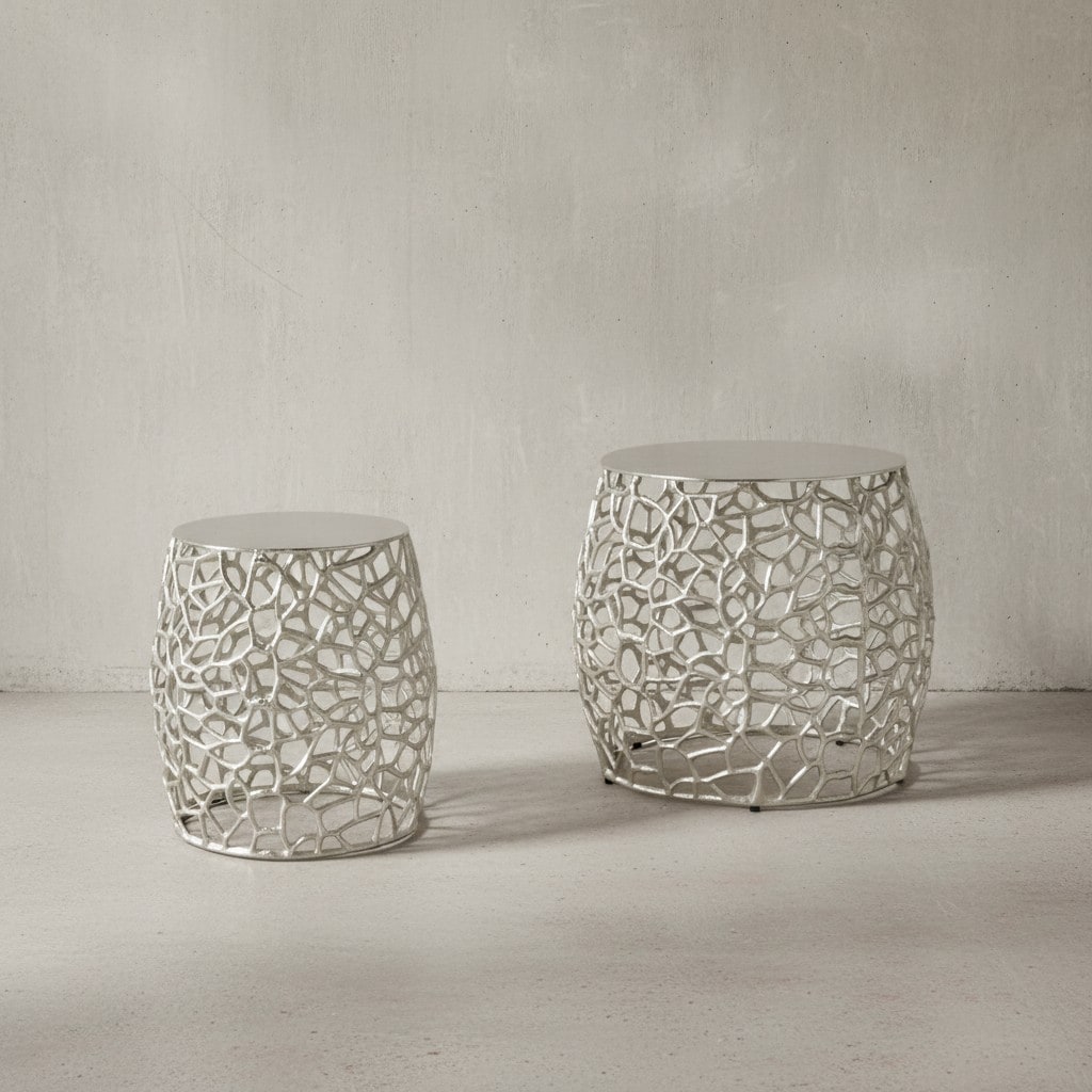 KADIMA DESIGN Silbernes Beistelltisch-Set mit ausgefallener Aststruktur, Aluminium, vielseitig einsetzbar