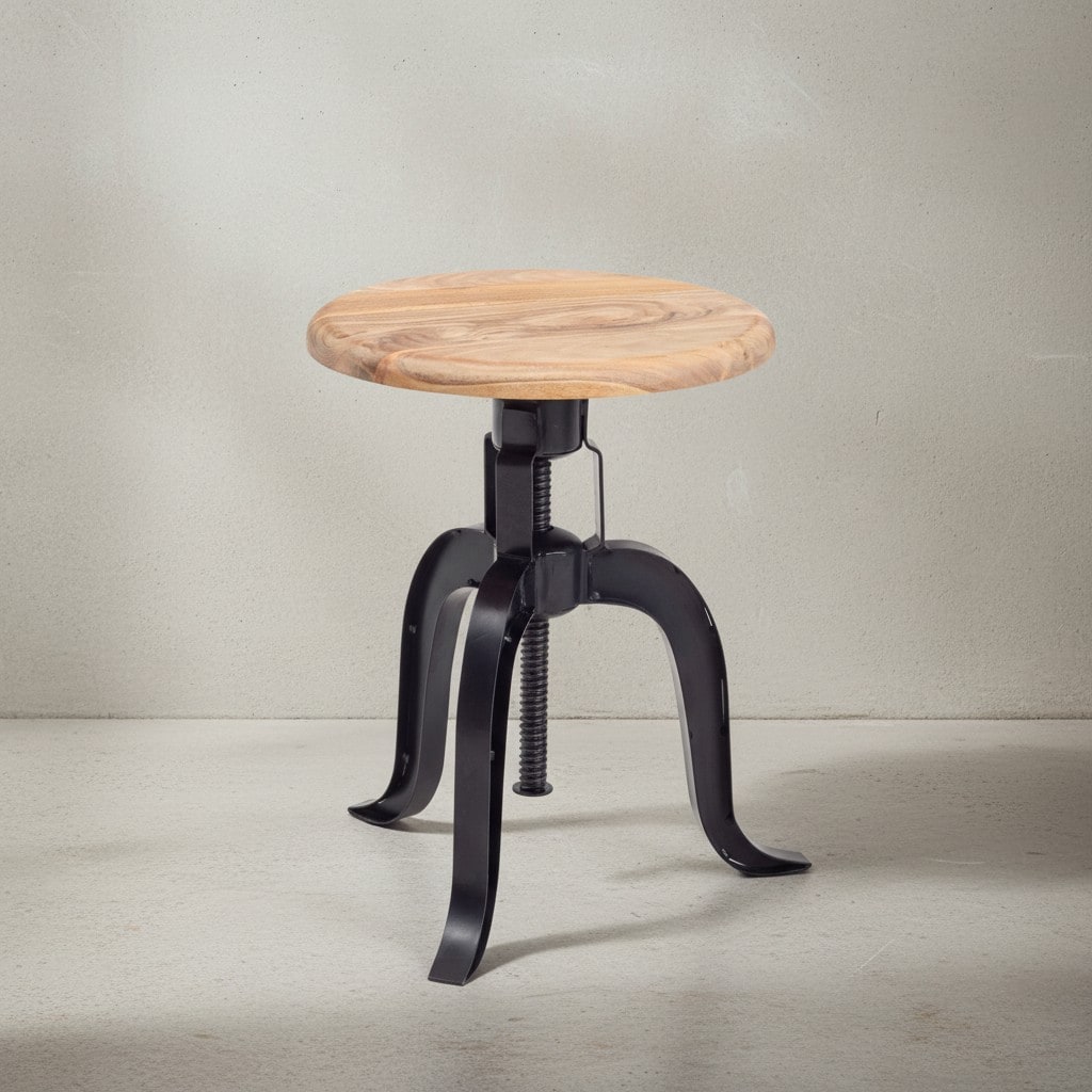 KADIMA DESIGN Rustikaler Industrial-Drehhocker aus Akazienholz und Eisen, höhenverstellbare Sitzfläche