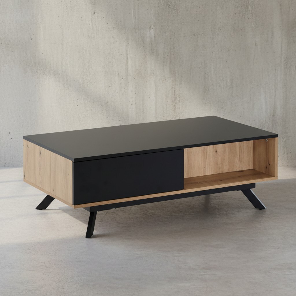 KADIMA DESIGN Moderner Couchtisch mit Stauraum, Eiche-Dekor und Schwarz, 110x60x38 cm, robust und wasserabweisend