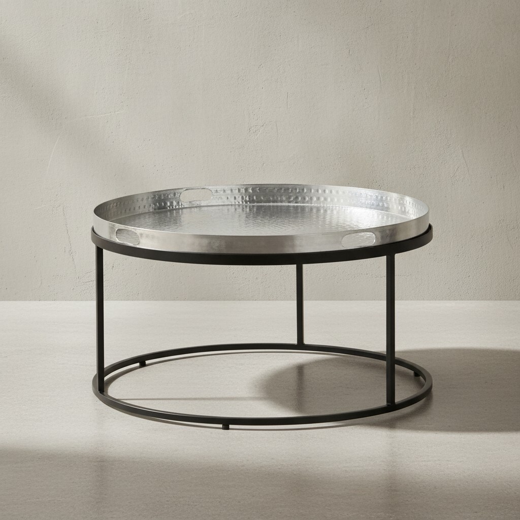 KADIMA DESIGN Couchtisch mit Hammerschlag-Struktur: Abnehmbares Tablett, Hammerschlag-Struktur, 62x62x36 cm, Aluminium und Eisen, silber-schwarz. 