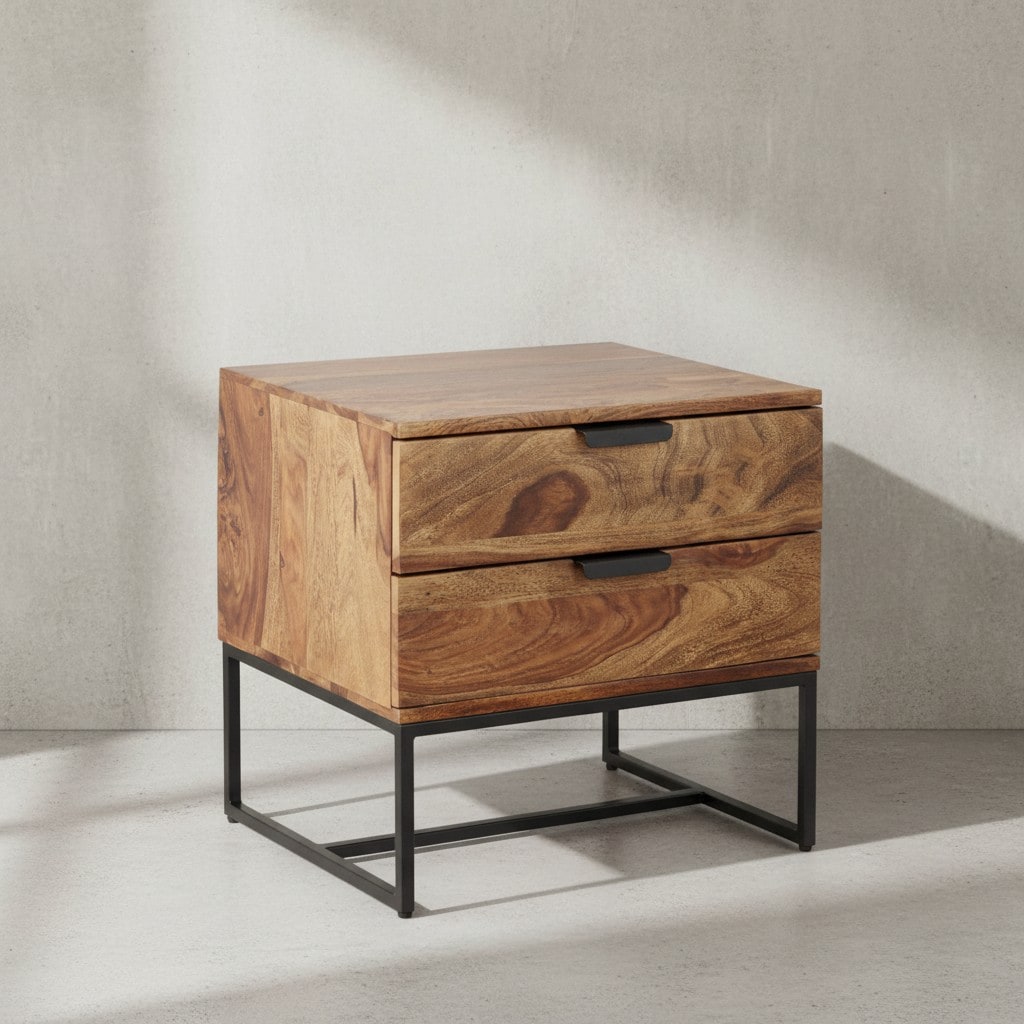KADIMA DESIGN Industrial Nachtkonsole aus Sheesham-Holz und Eisen, 2 Schubladen, 50x40x51 cm