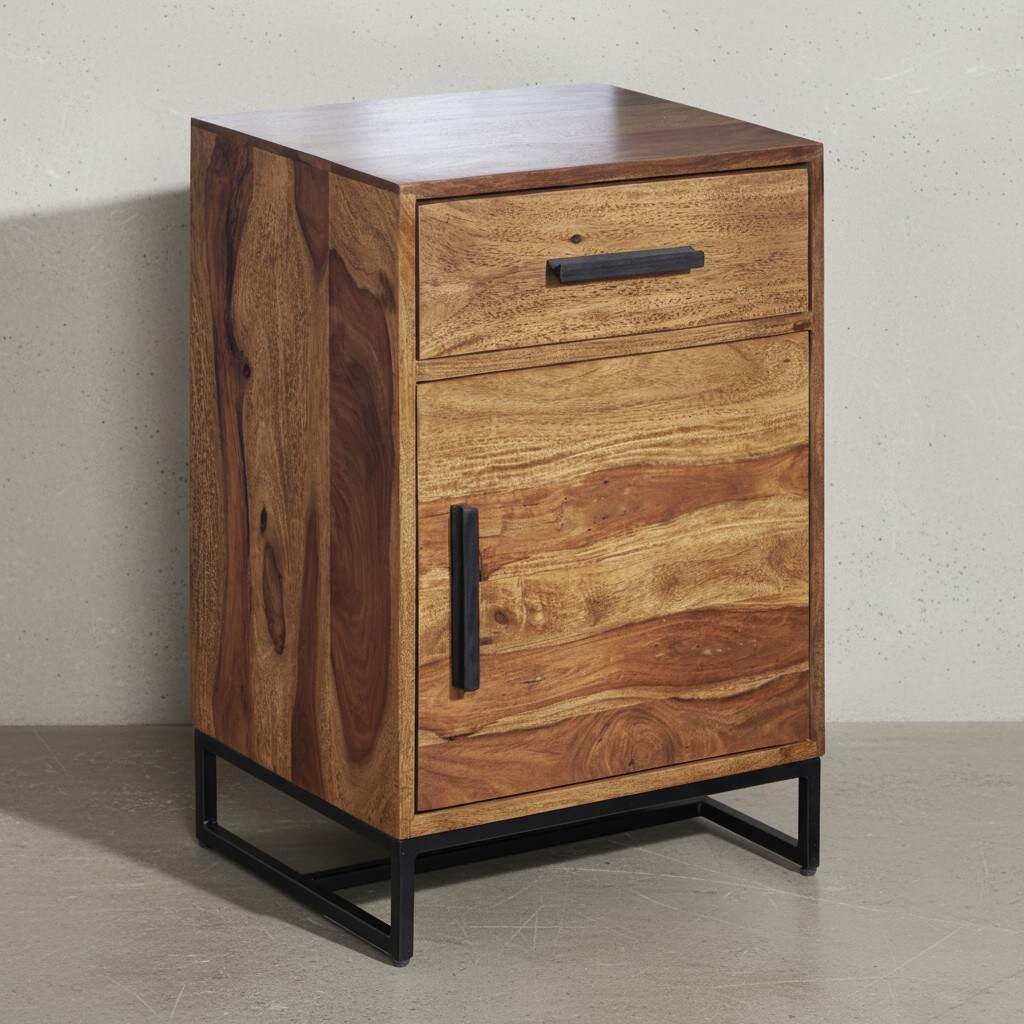 KADIMA DESIGN Nachtkonsole aus Sheeshamholz, pulverbeschichtetes Eisen, Industrial-Style, Schublade und T&uuml;rfach 