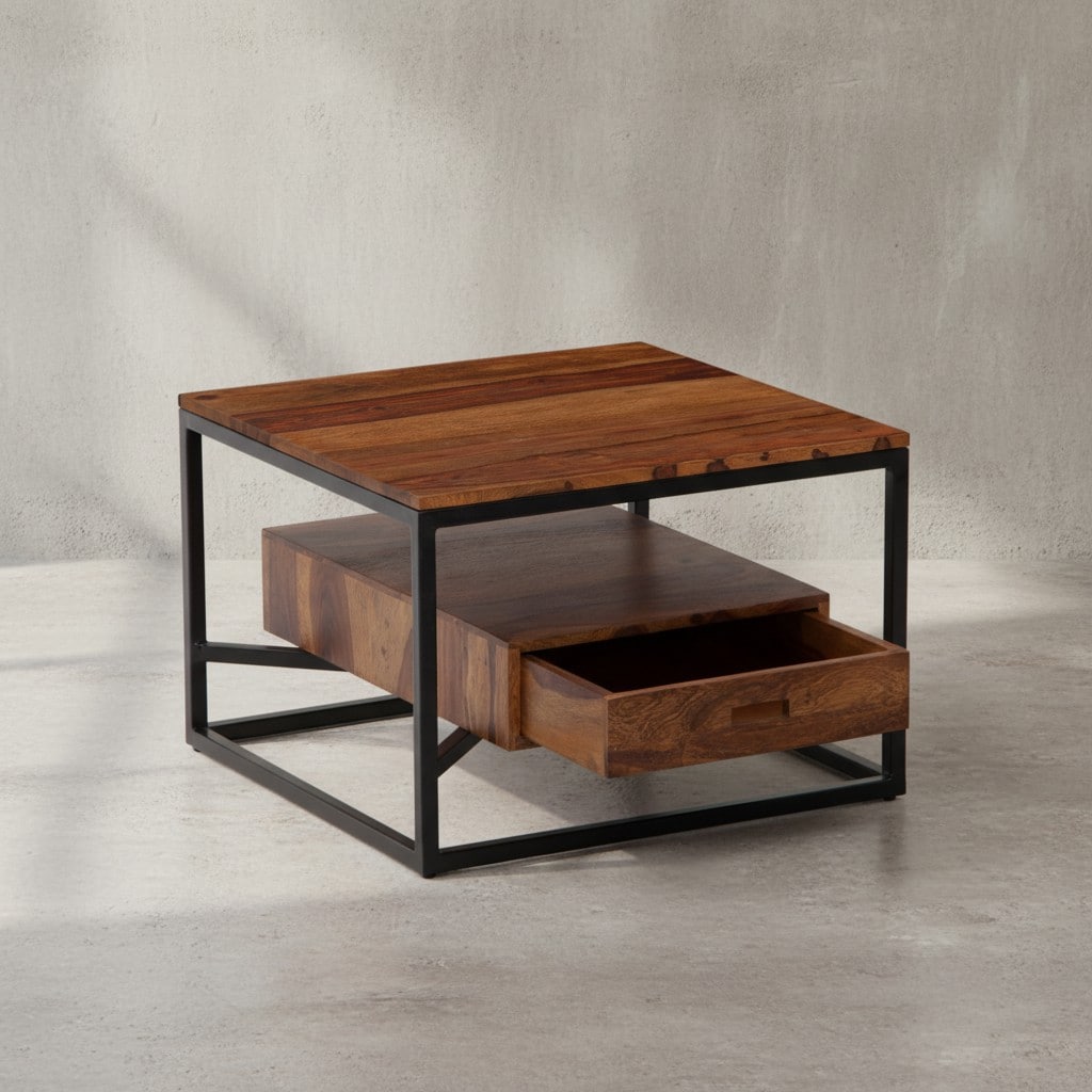 KADIMA DESIGN Moderner Sofatisch mit Schublade, Quadratisches Design, Couchtisch Sheesham Massivholz/Metall, 60x60x40 cm