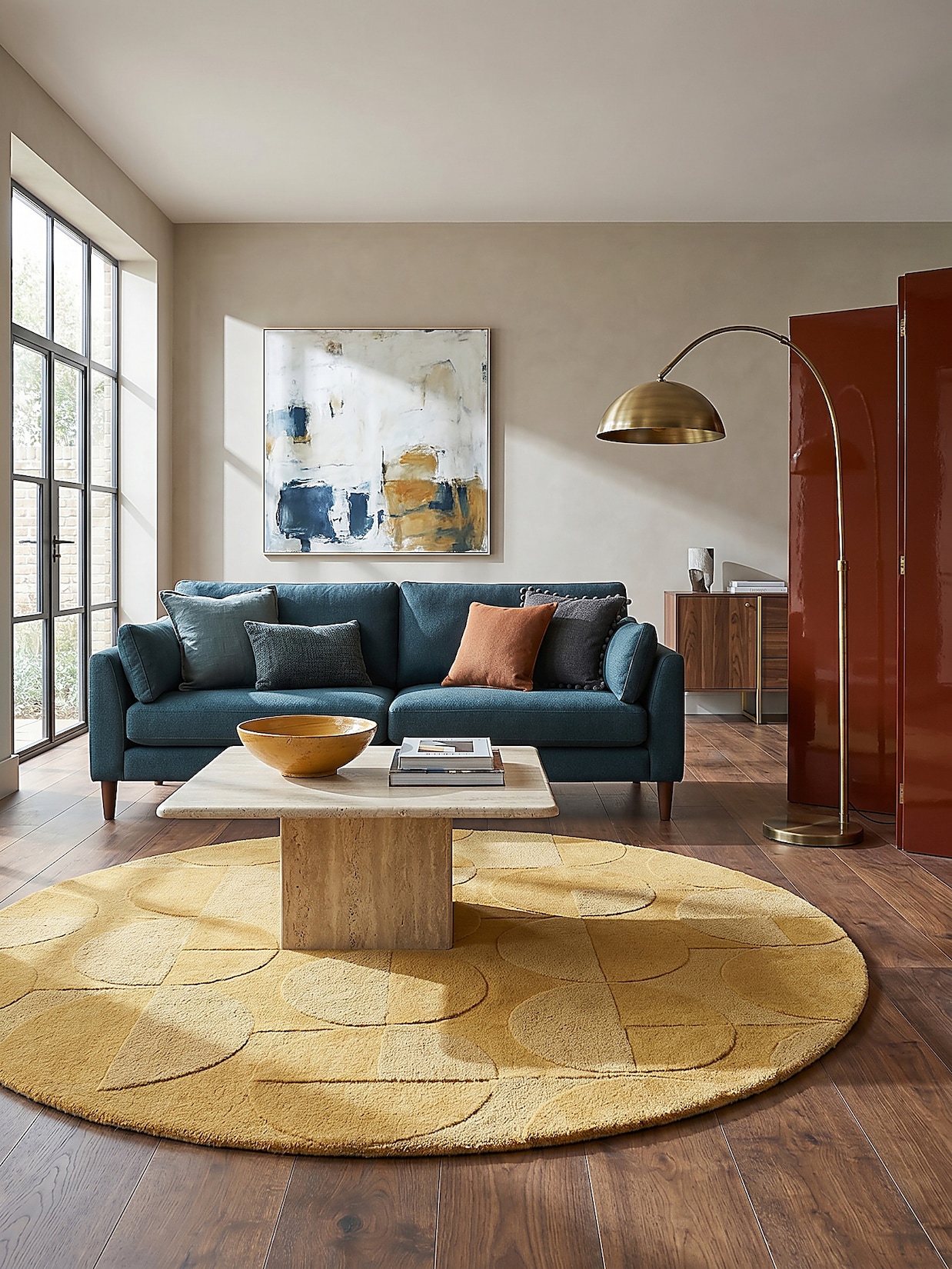 Wollteppich Kurzflor Senfgelb Ø160 cm - DEBEN Kadima Design