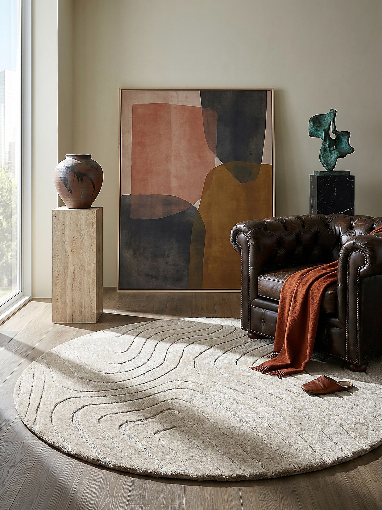 Wollteppich abstrakt Beige Ø160 cm - LEVEN Kadima Design