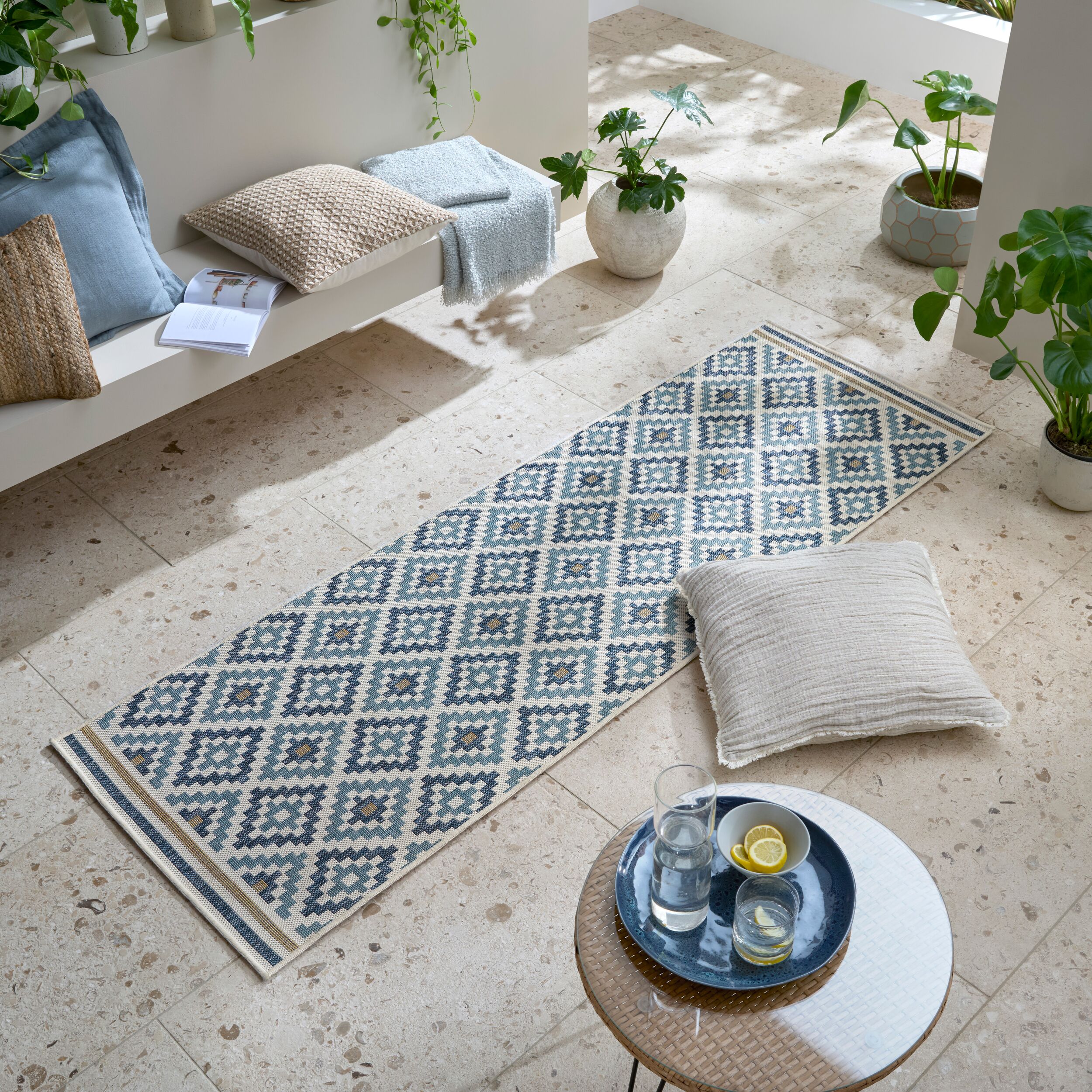 Outdoor-L&auml;ufer Rauten Blau-Gelb 80 x 230 cm - FLEET | Kadima Design 