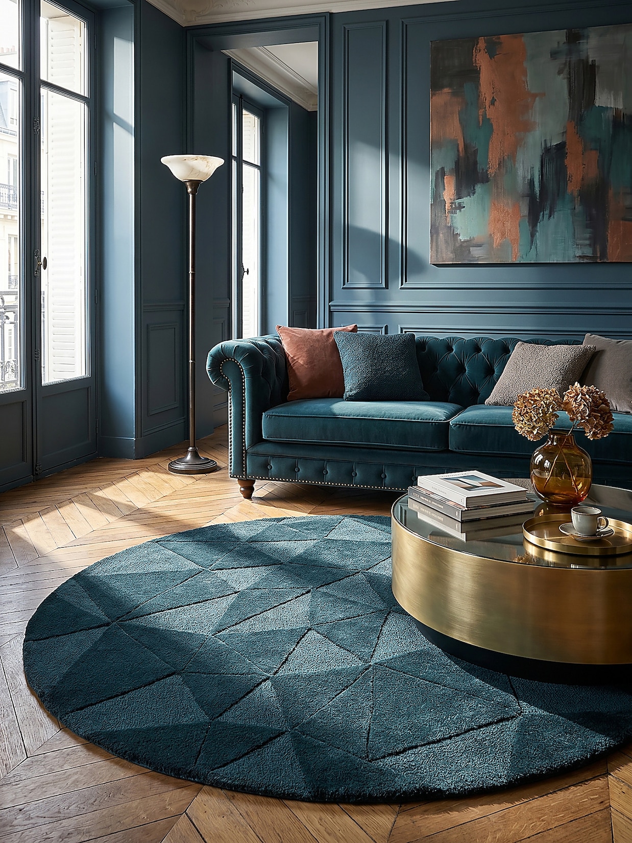 Wollteppich geometrisch Petrol Ø160 cm - DEBEN Kadima Design