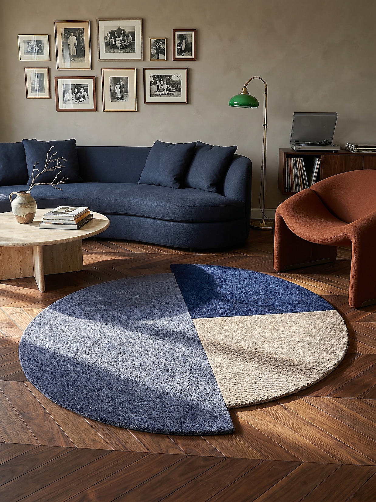 Wollteppich geometrisch Blau-Beige Ø200 cm - HALLEIN Kadima Design