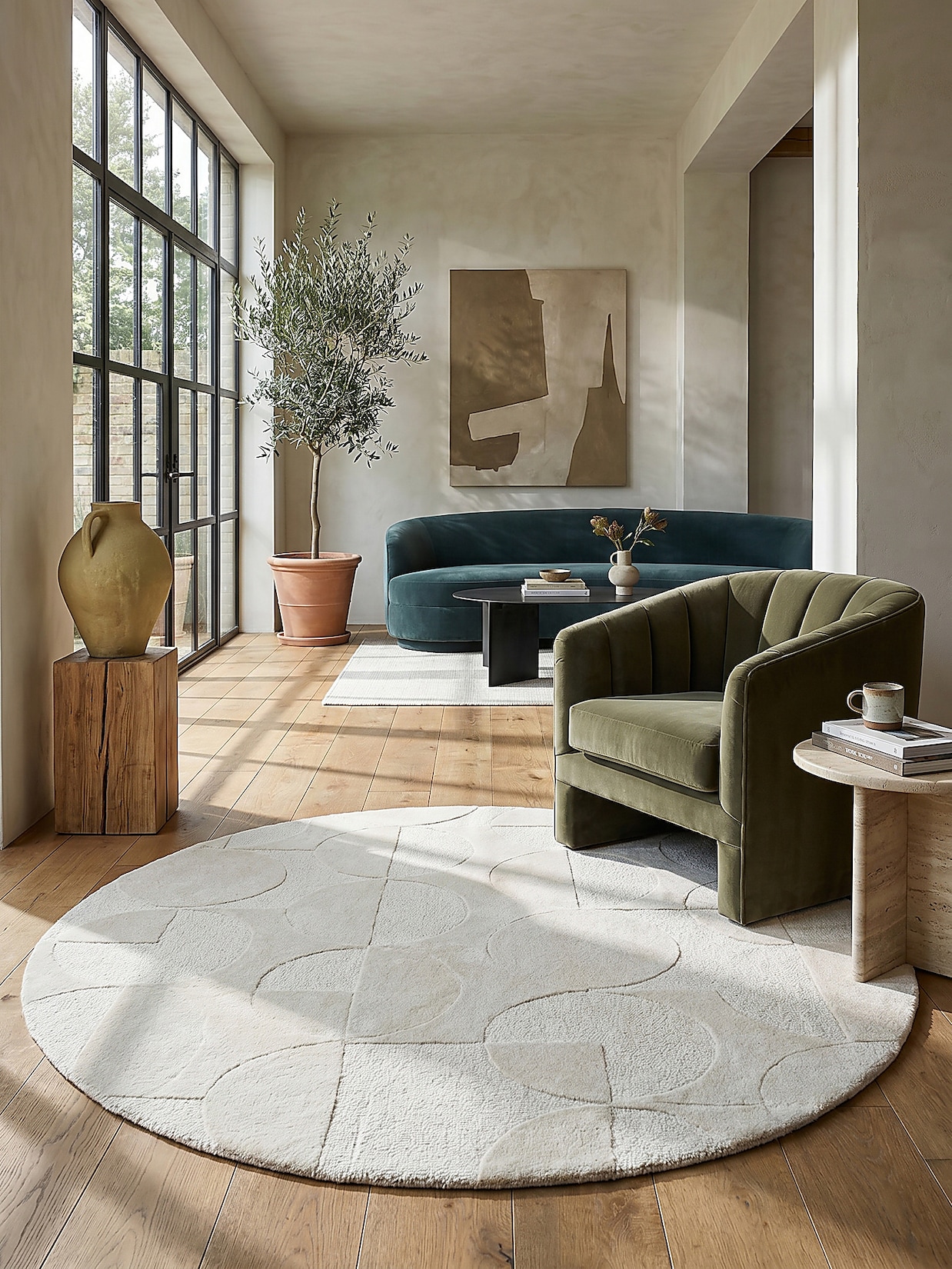 Wollteppich Kurzflor Elfenbein Ø160 cm - DEBEN Kadima Design