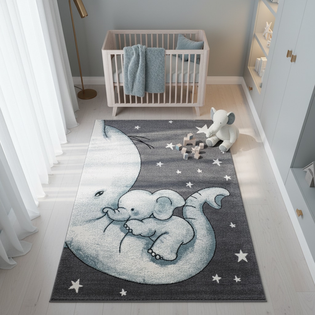 Kinderteppich TASNA, mit Elefanten-Motiv, Blau, 80 x 150 cm 